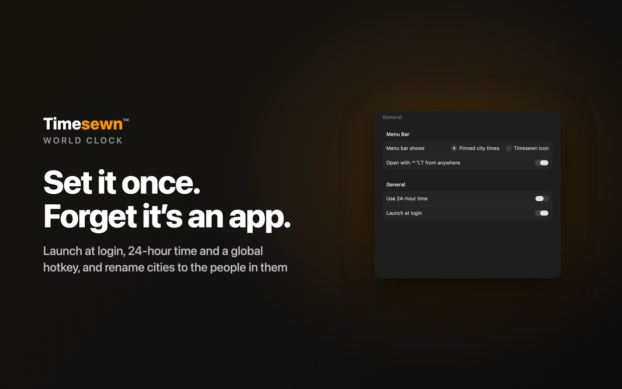 Timesewn on Mac: General settings with the menu bar display, the global shortcut, 24-hour time and launch at login